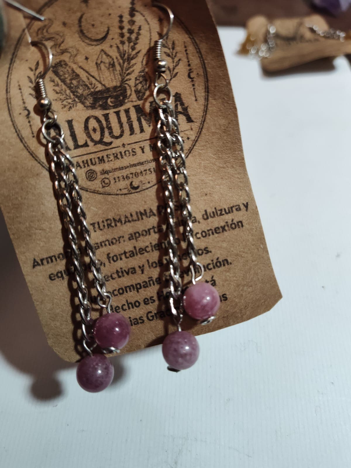 Aros colgantes con cadena y turmalina rosa